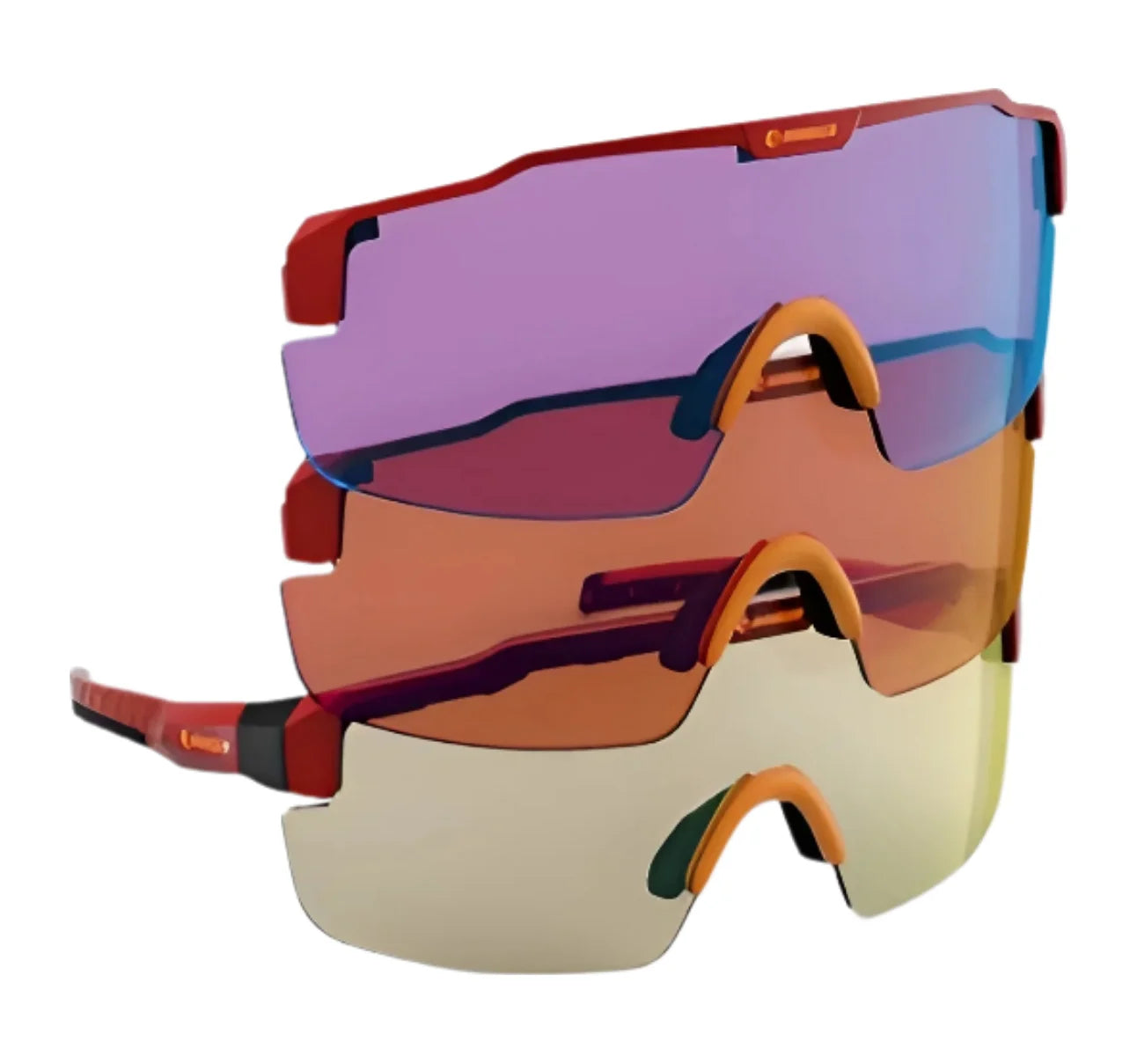 The RE Ranger SuperShot Shooting Glasses by RE Ranger feature ClaySight lenses in purple, brown, and yellow, plus a magnetic interchangeable frame, all stacked together.